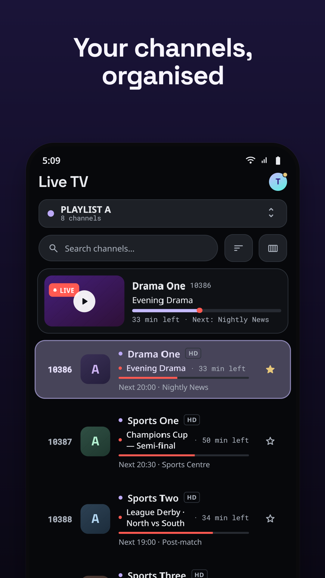 Live TV channels with now and next on Android phone