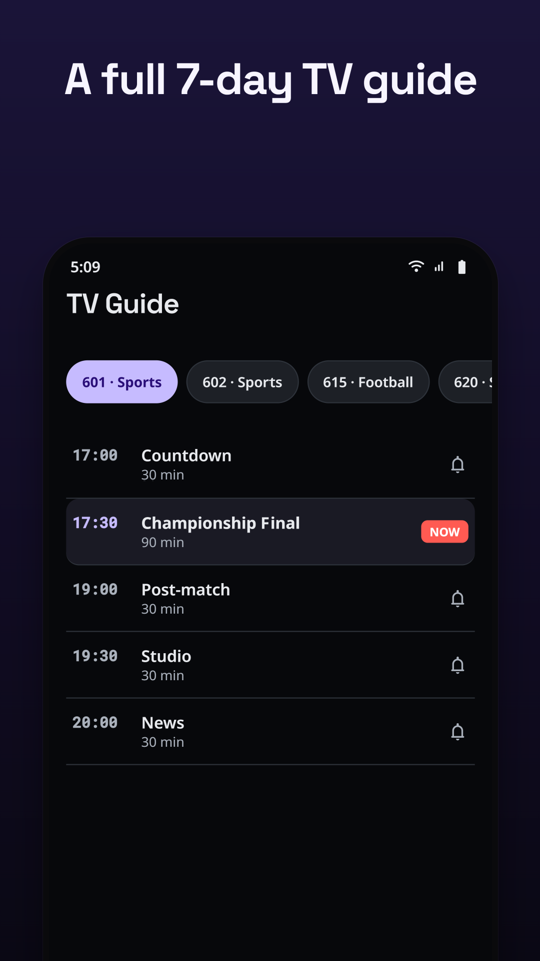7-day EPG TV guide on Android phone