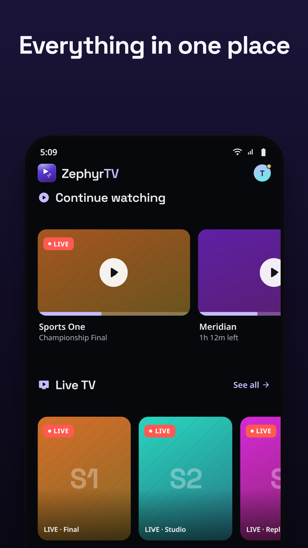 Home with continue watching and on-demand rails on Android phone