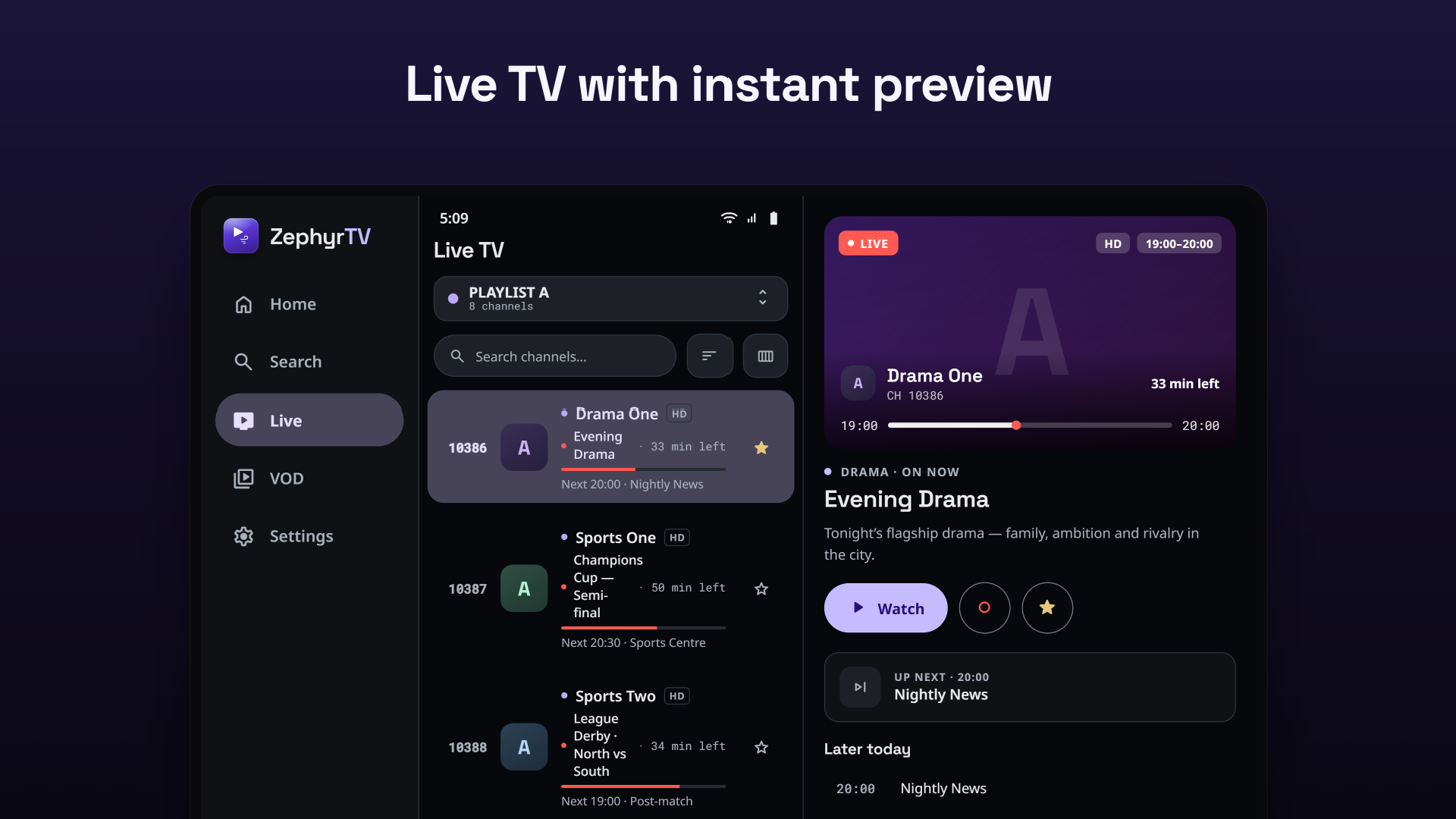 Live TV on Android tablet — channels with now and next