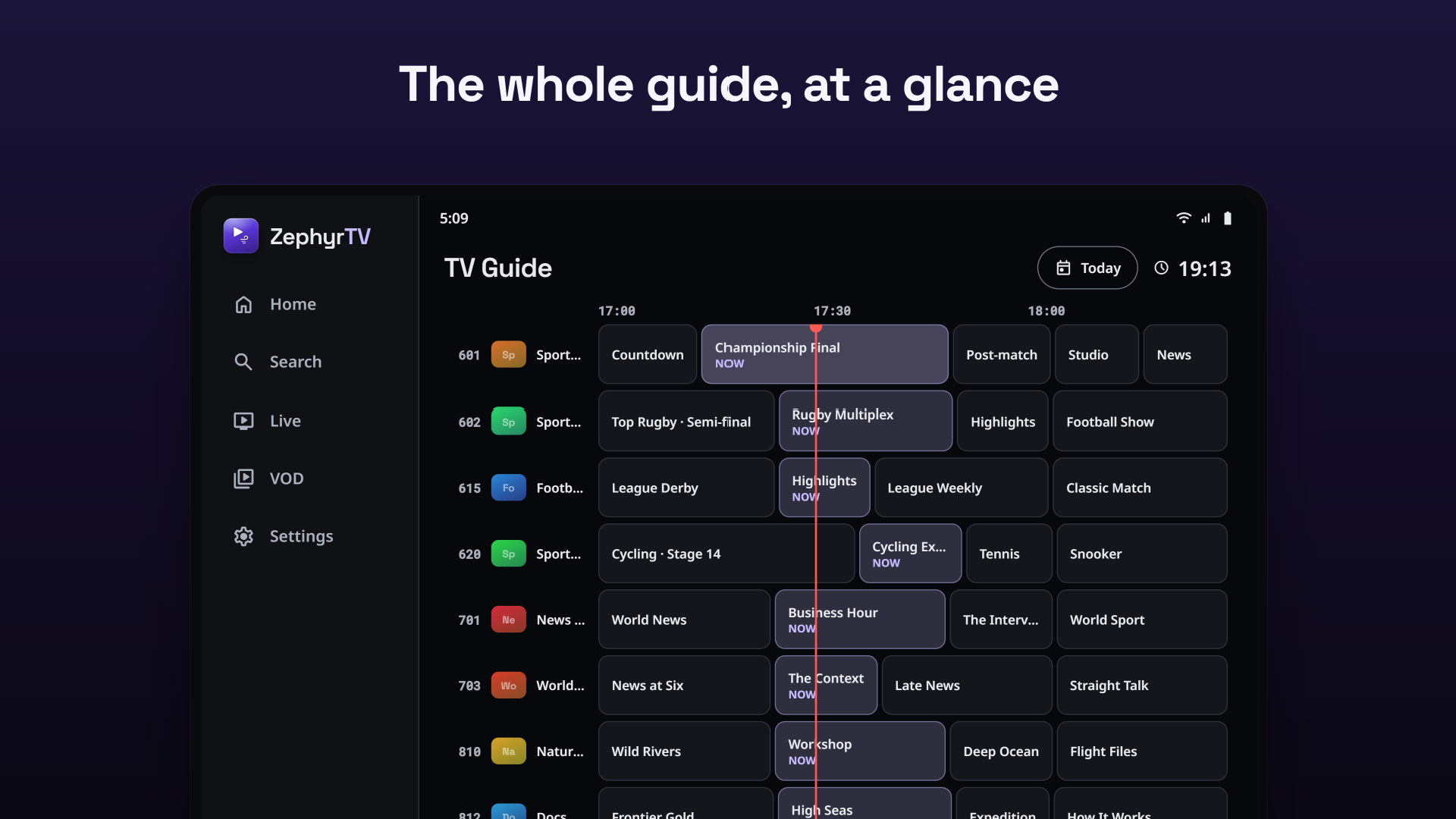 7-day EPG TV guide on Android tablet