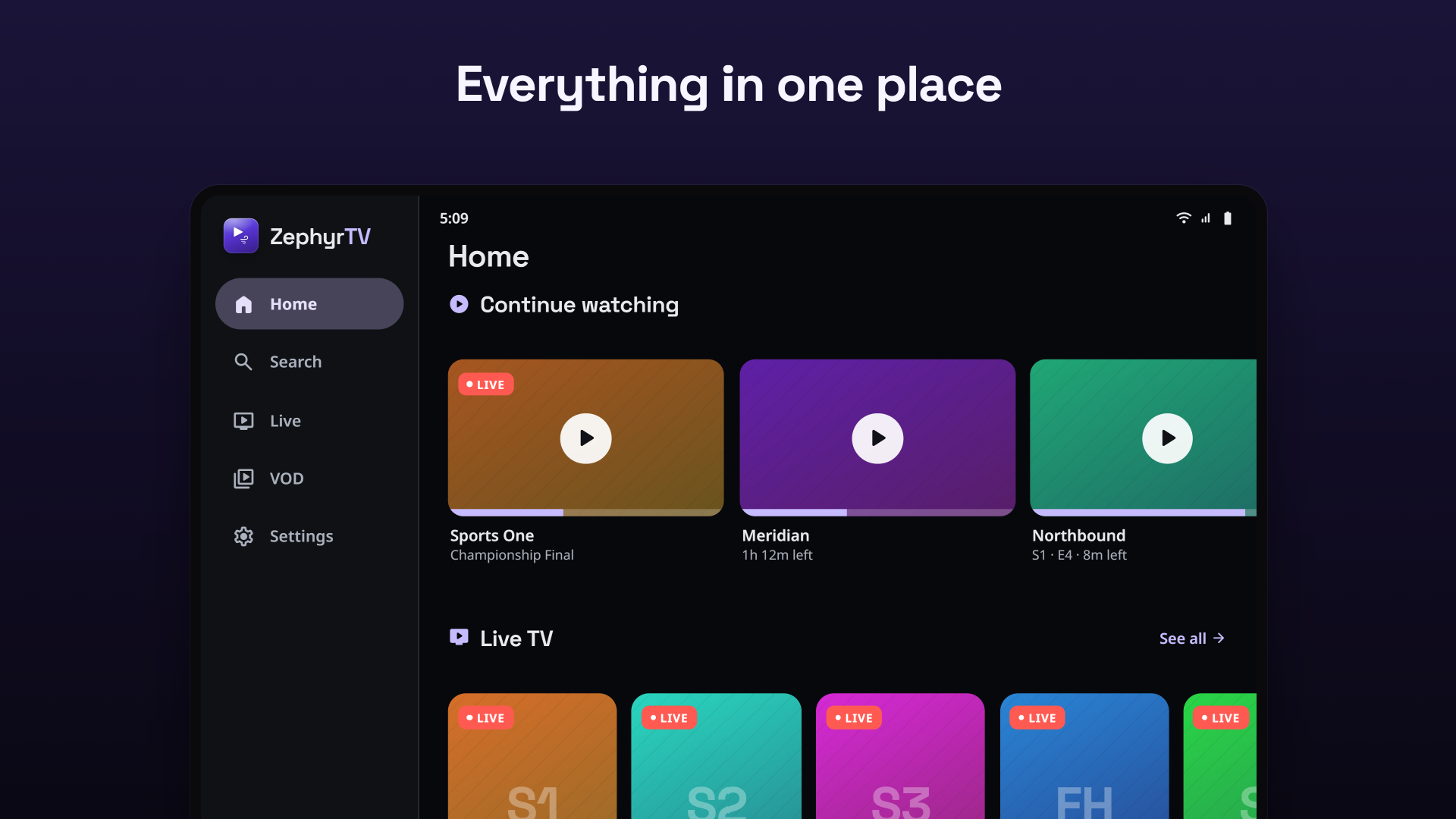 Home on Android tablet — continue watching and rails