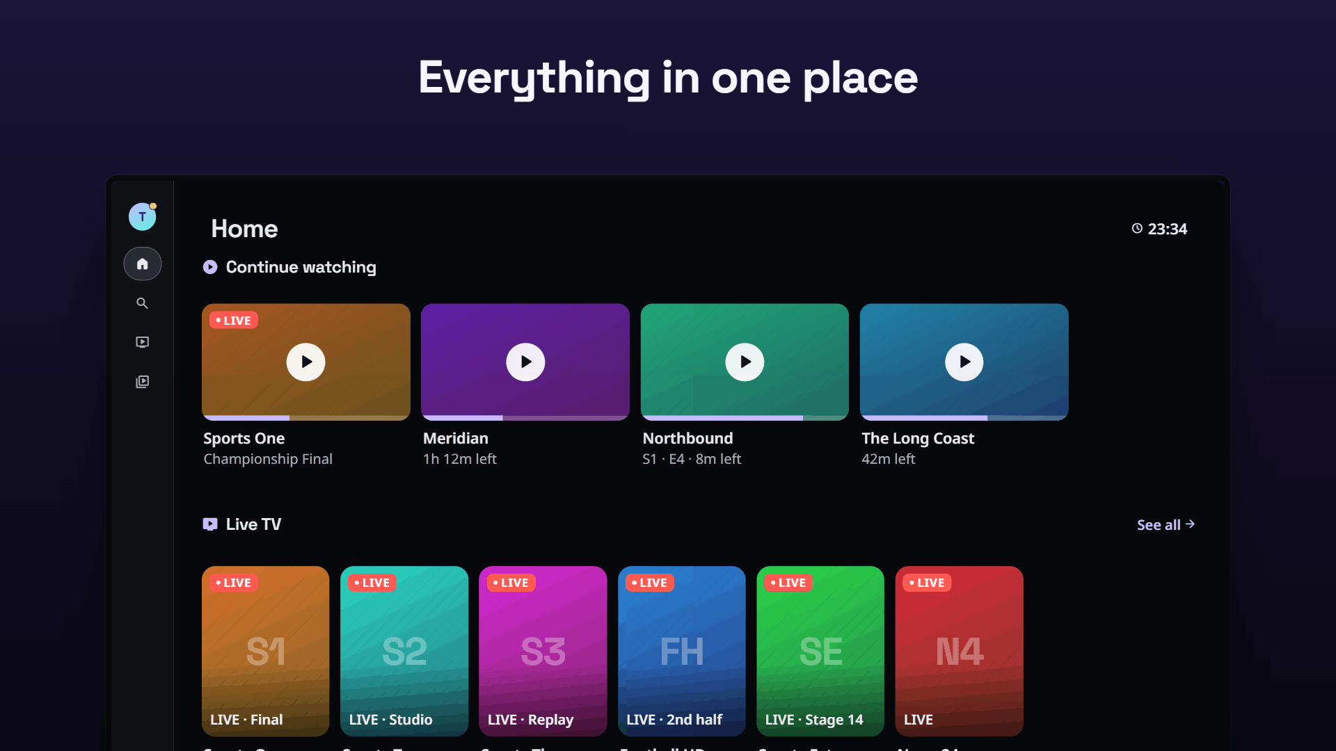 Home with continue watching and on-demand rails on Android TV