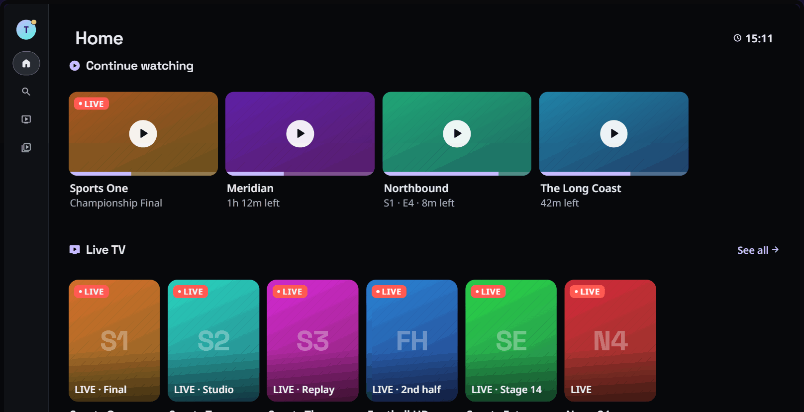 ZephyrTV Home on Android TV — Continue watching and Live TV rails