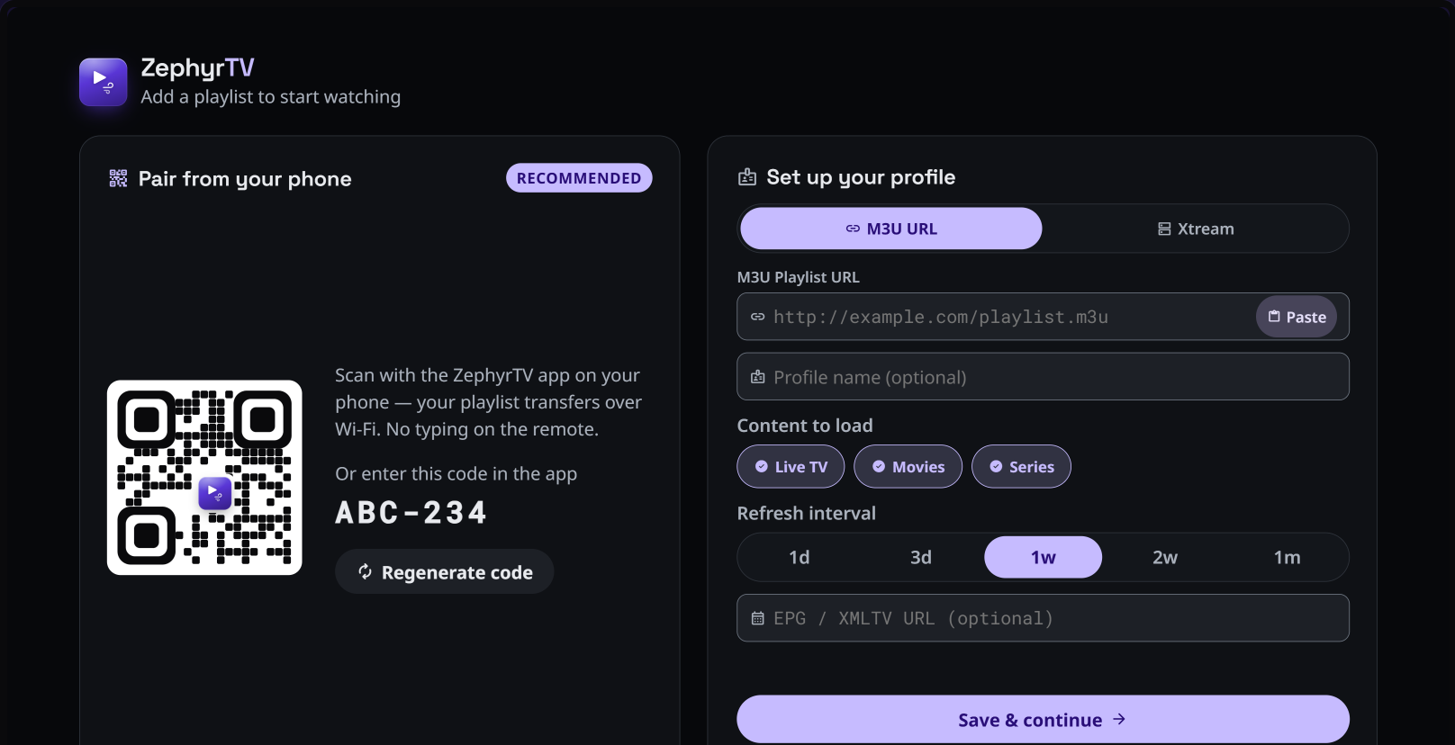 Pairing screen on Android TV showing a QR code